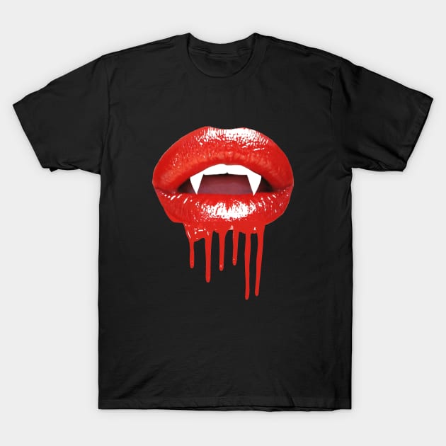 1980s Halloween  Gothic Red Lips Vampire Fangs T-Shirt by Tina